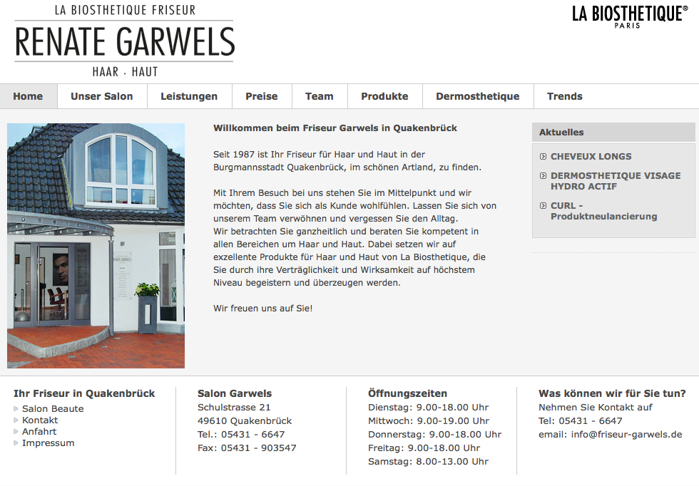 Screenshot der Website von Salon Garwels